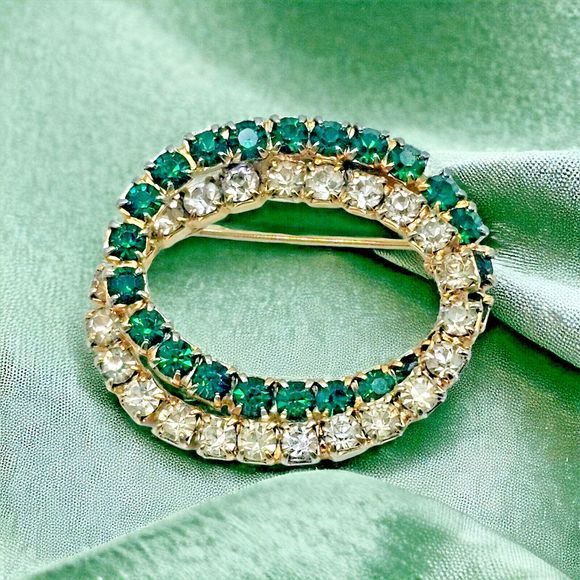 Emerald Green Brooch Vintage Open Double Oval Crystal May Statement Jewelry Pin - Picture 7 of 10